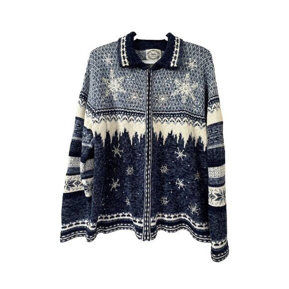Stitches In Time Sweaters - VTG Stitches In Time Womens L Blue White Granny Sweater Beaded Snowflake Holiday